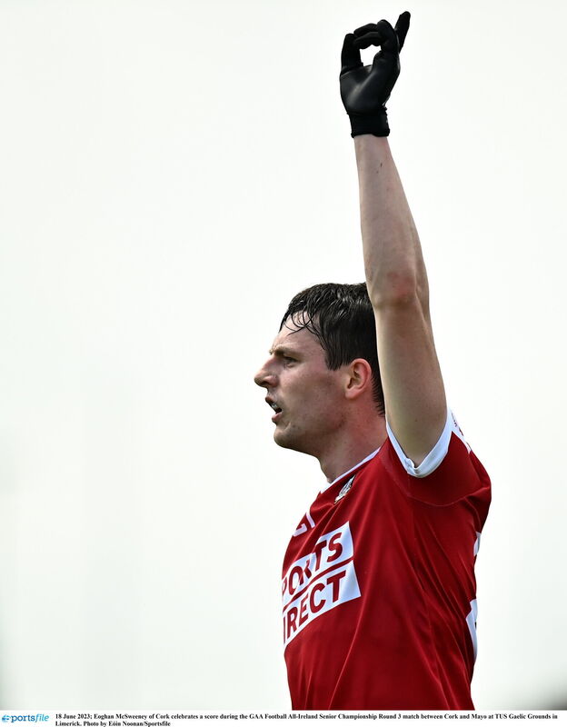 Eoghan McSweeney of Cork celebrates a score during the GAA Football All-Ireland Senior Championship Round 3 match between Cork and Mayo at TUS Gaelic Grounds in Limerick. Photo by Eóin Noonan/Sportsfile Eoghan McSweeney of Cork celebrates a score during the GAA Football All-Ireland Senior Championship Round 3 match between Cork and Mayo at TUS Gaelic Grounds in Limerick. Photo by Eóin Noonan/Sportsfile