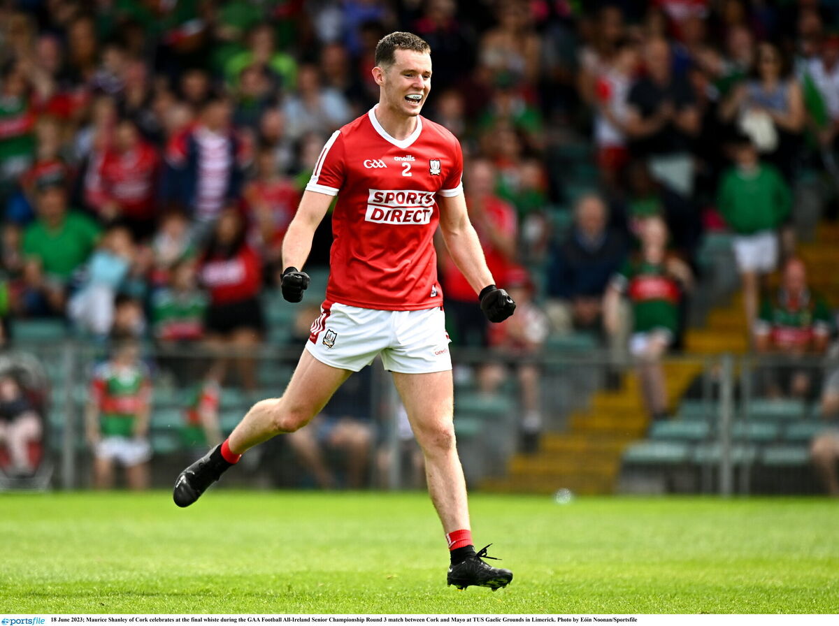 Maurice Shanley of Cork celebrates at the final whiste during the GAA Football All-Ireland Senior Championship Round 3 match between Cork and Mayo at TUS Gaelic Grounds in Limerick. Photo by Eóin Noonan/Sportsfile