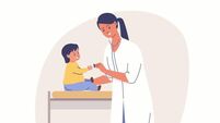 Pediatrician. Doctor examines child. Medical clinic for children. Family doctor. Vector illustration