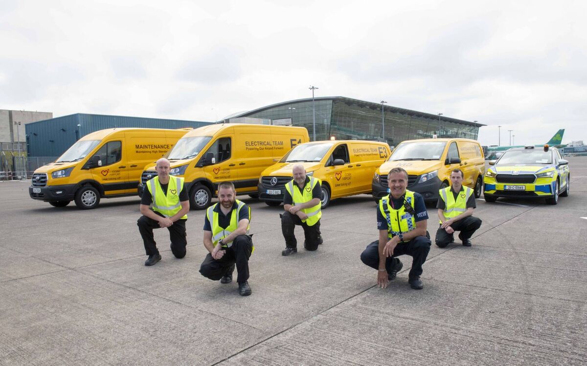 Pictured at Cork Airport, as five new electric, zero emissions vehicles were added to the maintenance, electrical and airport police fleet were (back row, left to right) Jonathan Murphy, Ken Coady, Paul O'Donovan and (front row, left to right) Eoin Maguire and Charles Ponchon. Picture: Brian Lougheed