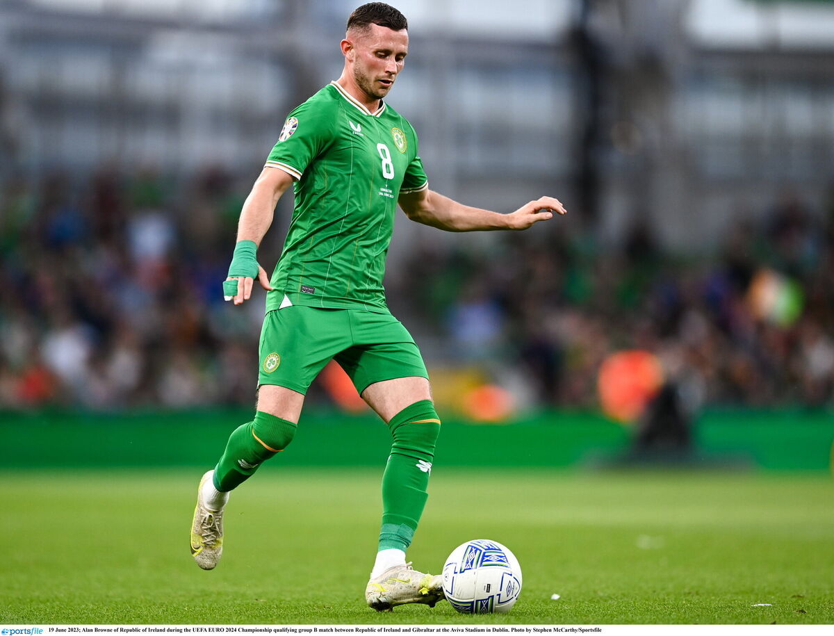 Alan Browne of Republic of Ireland during the UEFA EURO 2024 Championship qualifying group B match between Republic of Ireland and Gibraltar at the Aviva Stadium in Dublin. Photo by Stephen McCarthy/Sportsfile Alan Browne of Republic of Ireland during the UEFA EURO 2024 Championship qualifying group B match between Republic of Ireland and Gibraltar at the Aviva Stadium in Dublin. Photo by Stephen McCarthy/Sportsfile