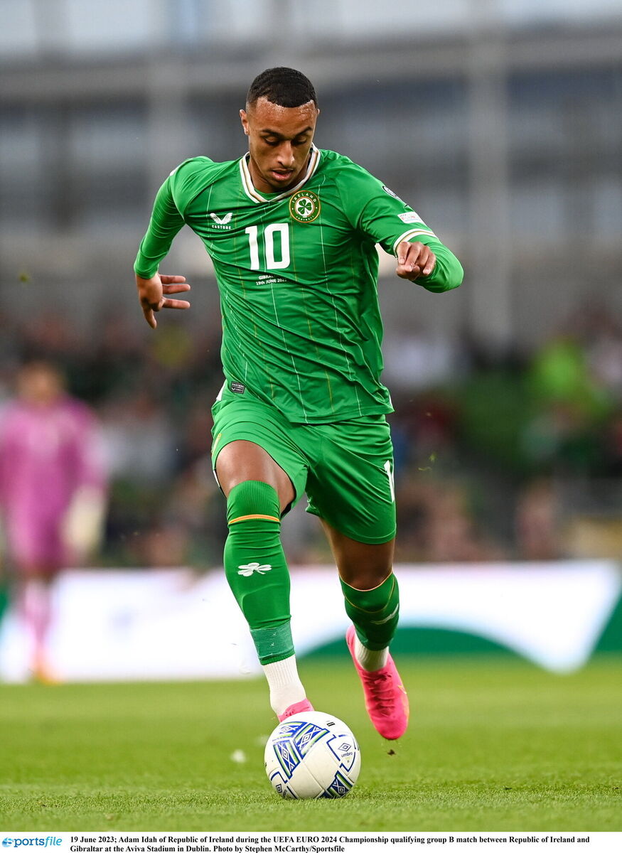 Adam Idah of Republic of Ireland during the UEFA EURO 2024 Championship qualifying group B match between Republic of Ireland and Gibraltar at the Aviva Stadium in Dublin. Photo by Stephen McCarthy/Sportsfile Adam Idah of Republic of Ireland during the UEFA EURO 2024 Championship qualifying group B match between Republic of Ireland and Gibraltar at the Aviva Stadium in Dublin. Photo by Stephen McCarthy/Sportsfile