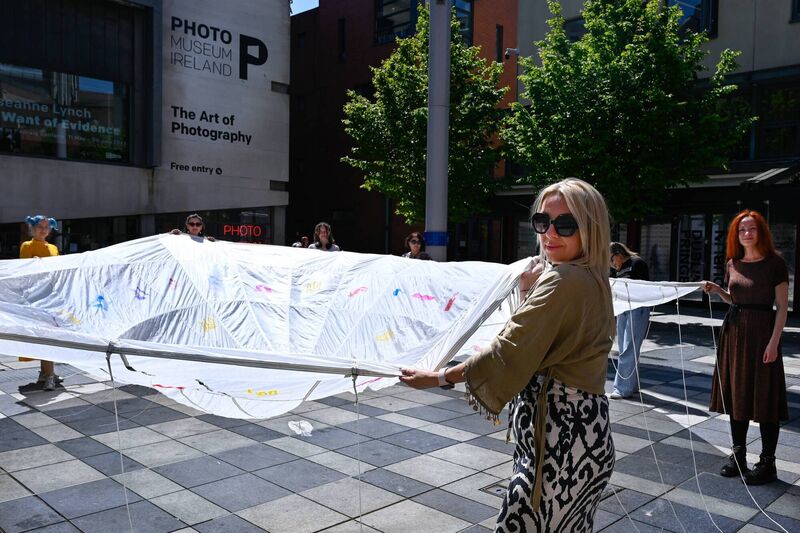 A group of 10 Ukrainian women collaborating on a project with the Irish-Russian artist Varvara Keidan Shavrova. The impressive art installation ‘In-flight: on landing’ is running as part of Refugee Week at the Photo Museum in Dublin’s Temple Bar. 