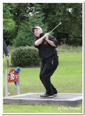 Darren Collins in action, teeing off at his club course in St Anne’s.