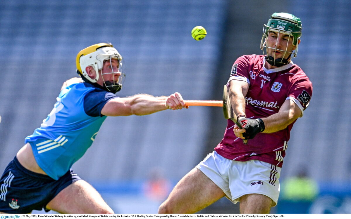 Galway's Evan Niland in action against Mark Grogan of Dublin. Photo by Ramsey Cardy/Sportsfile Galway's Evan Niland in action against Mark Grogan of Dublin. Photo by Ramsey Cardy/Sportsfile