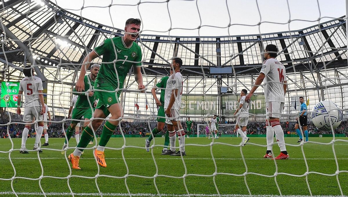 Evan Ferguson of Republic of Ireland celebrates after scoring his side's second goal during the UEFA EURO 2024 Championship qualifying group B match between Republic of Ireland and Gibraltar at the Aviva Stadium in Dublin. Picture Seb Daly/Sportsfile Evan Ferguson of Republic of Ireland celebrates after scoring his side's second goal during the UEFA EURO 2024 Championship qualifying group B match between Republic of Ireland and Gibraltar at the Aviva Stadium in Dublin. Picture Seb Daly/Sportsfile