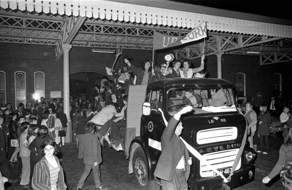 Three-in-a-row Cork camogie champions and supporters leaving Kent Station to begin their victory parade to the Victoria Hotel on September 19, 1972 - around the time the 'Supertrain' arrived Three-in-a-row Cork camogie champions and supporters leaving Kent Station to begin their victory parade to the Victoria Hotel on September 19, 1972 - around the time the 'Supertrain' arrived