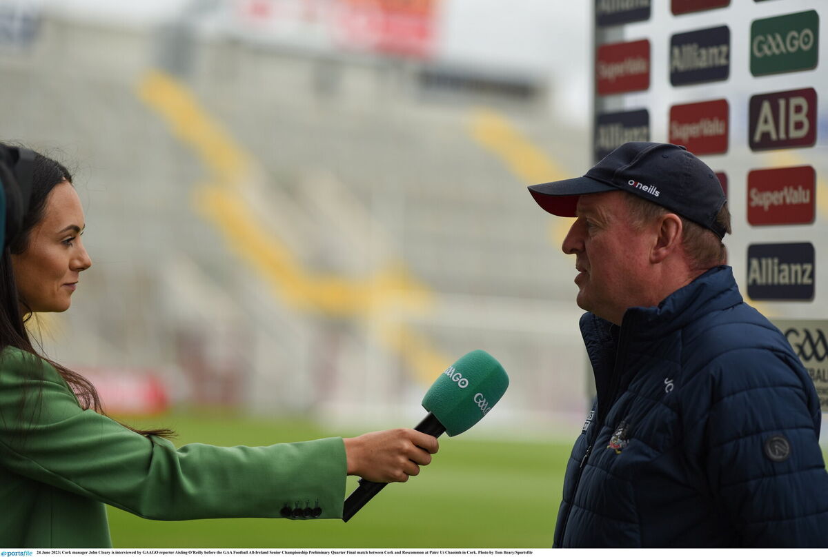 Cork manager John Cleary is interviewed by GAAGO reporter Aisling O'Reilly before the GAA Football All-Ireland Senior Championship Preliminary Quarter Final match between Cork and Roscommon at Páirc Uí Chaoimh in Cork. Photo by Tom Beary/Sportsfile