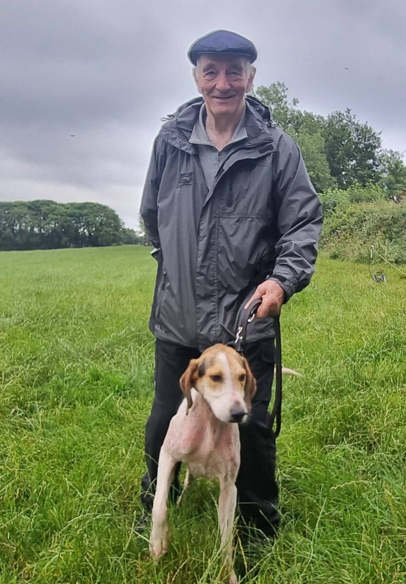 Michael Crowley of Griffin United with Knock's Boy winner of the Michael Forde Puppy memorial draghunt at Mayfield Michael Crowley of Griffin United with Knock's Boy winner of the Michael Forde Puppy memorial draghunt at Mayfield