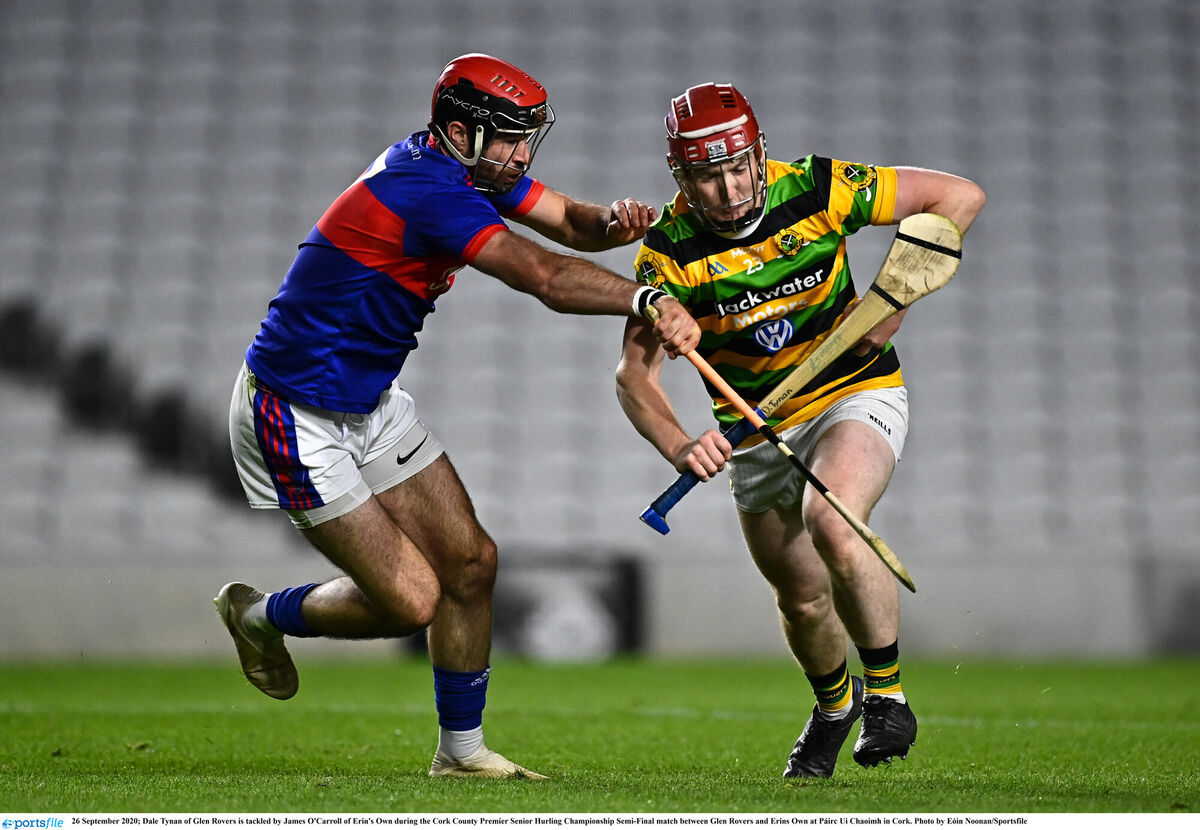 Dale Tynan of Glen Rovers is tackled by James O'Carroll of Erin's Own. Picture: Eóin Noonan/Sportsfile Dale Tynan of Glen Rovers is tackled by James O'Carroll of Erin's Own. Picture: Eóin Noonan/Sportsfile