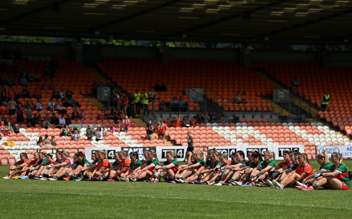 Players from both sides protest before the TG4 Ladies Football All-Ireland Championship match between Armagh and Mayo at BOX-IT Athletic Grounds in Armagh. Photo by Sam Barnes/Sportsfile