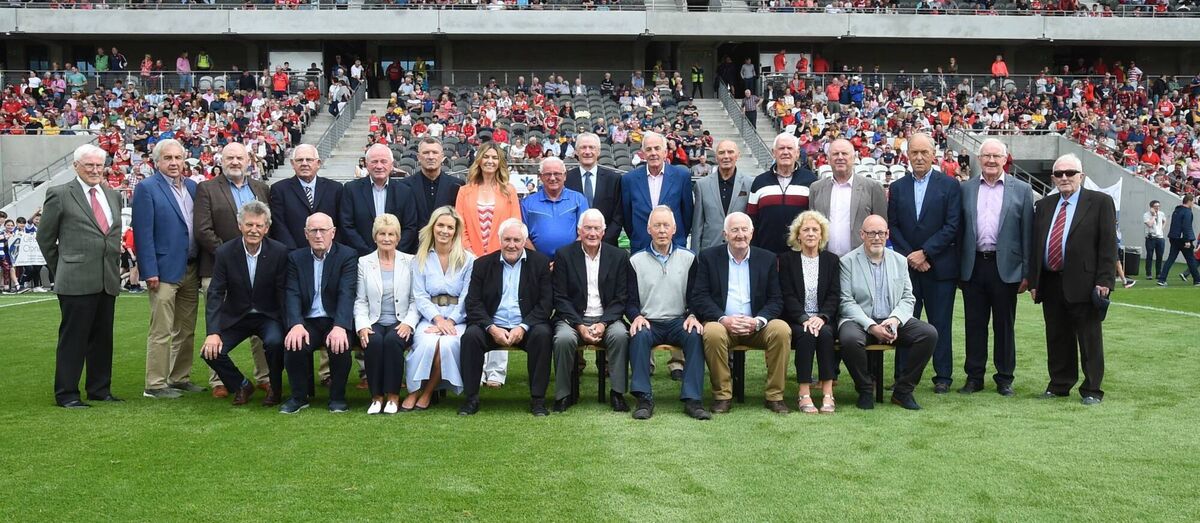 50 Years a greying:  The Cork 1973 All Ireland winning team and representatives pictured in Pairc Ui Chaoimh at half time in the SFC game Cork V Roscommon 