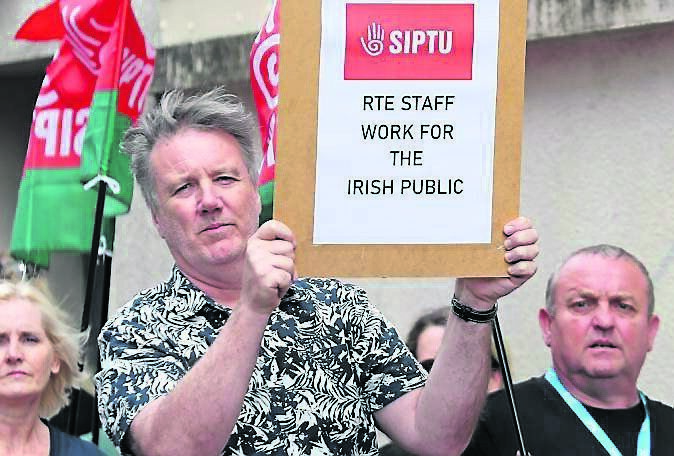 RTÉ staff protesting about pay disparities outside RTÉ on Father