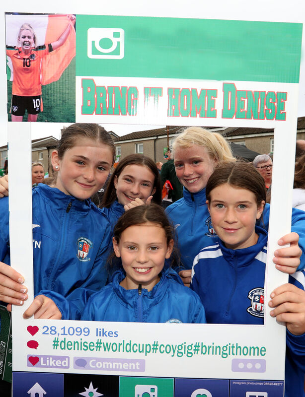  Wilton United Girls, Emma O'Neill, Molly Sorensen, Taylor Ahern, Lilly Sexton, Kaci Maguire at Denise O'Sullivan World Cup send-off, at her home in Courtown Drive, Knocknaheeny, Cork.