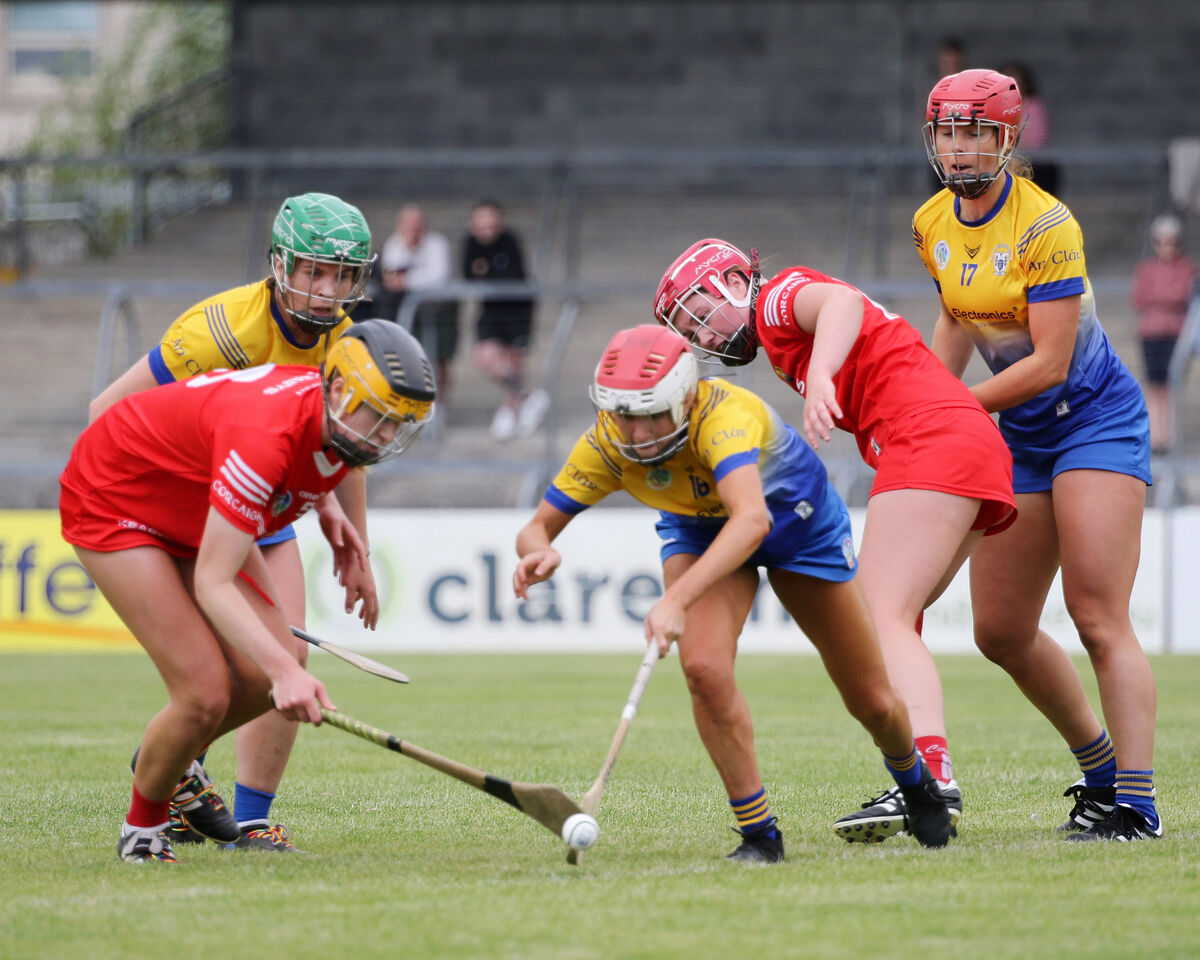 Saoirse McCarthy Cork, is tackled by Chloe Morey, Clare. Picture: Brendan Gleeson