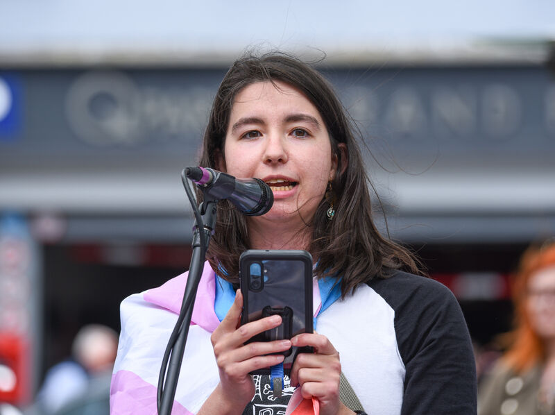 Miranda from Trans and Intersex Pride Dublin speaks to those in attendance at the Trans+ Pride Cork march. Picture: Cian O'Regan.