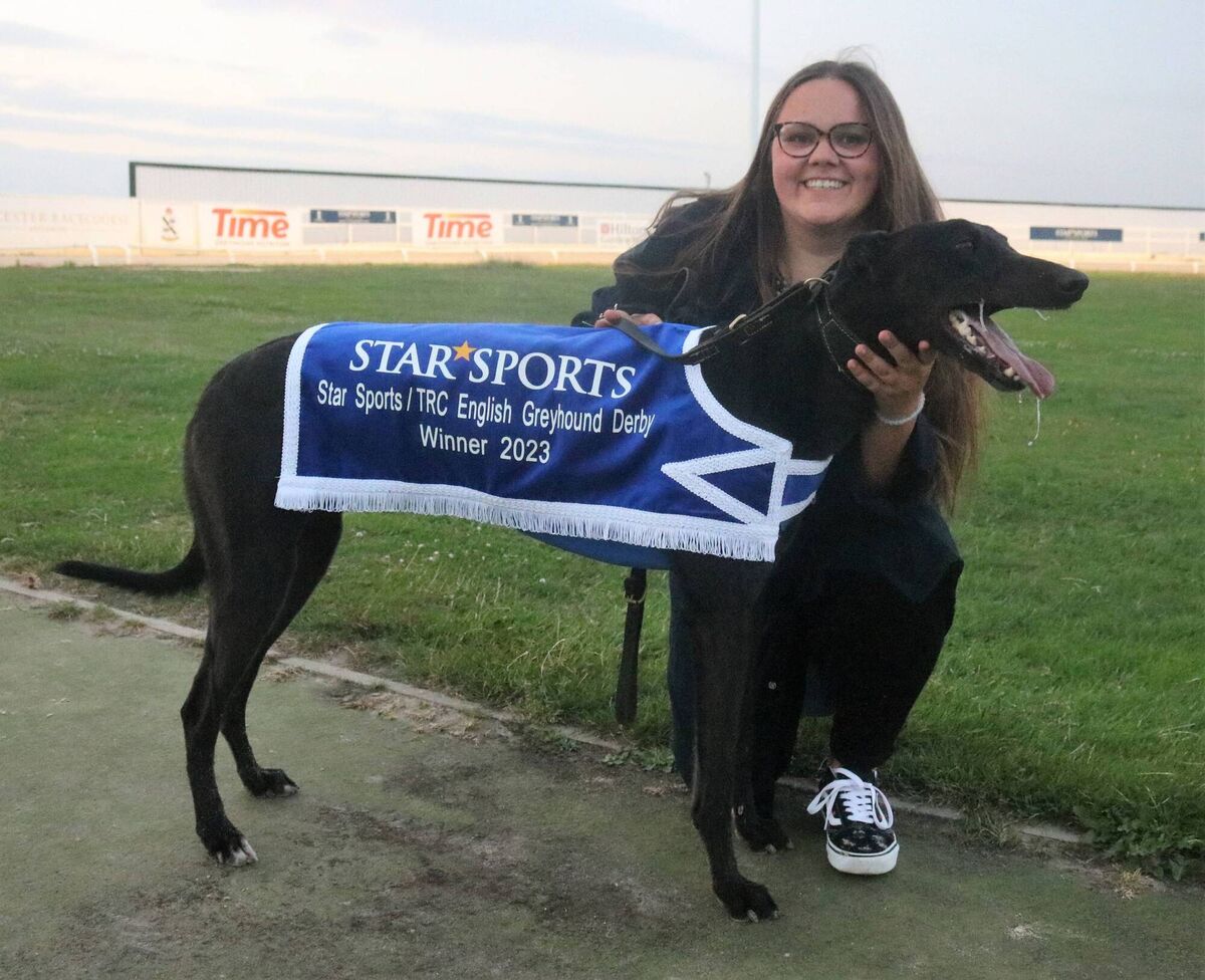 Rachel Holland with Gaytime Nemo after winning the English Greyhound Derby. Rachel Holland with Gaytime Nemo after winning the English Greyhound Derby.