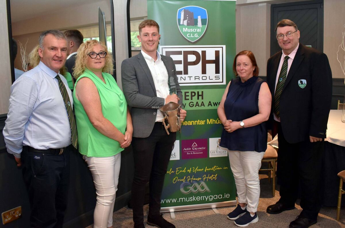 Muskerry GAA officers, Diarmuid Kirwan, Treasurer, Enda Linehan, Secretary, Anne O'Riordan, PRO and John Feeney, Chairman with Jack Murphy, UCC winning Sigerson Cup captain and Eire Og GAA at the June award function at Lee Valley Golf Club. Picture: Mike English
