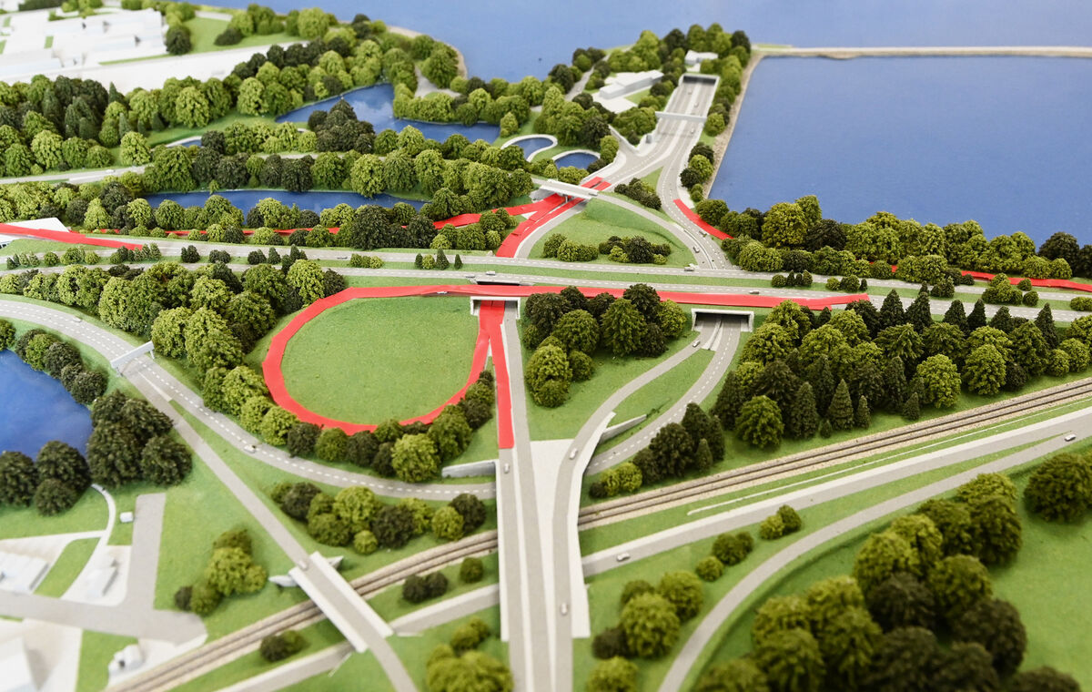 Model of the Dunkettle interchange road, looking southwards showing the red parts which will open over the weekend. Picture: Eddie O'Hare
