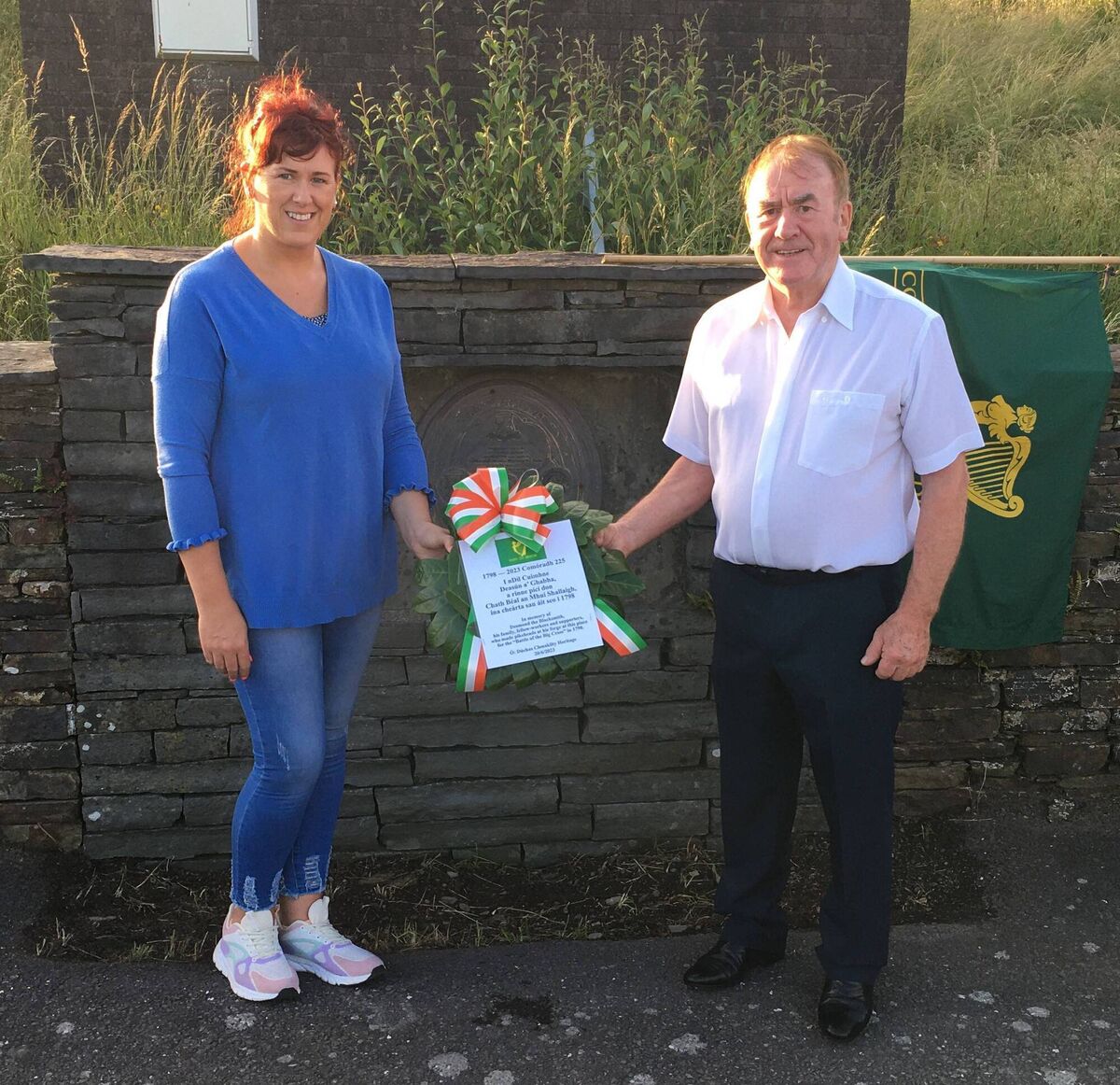 Anne Cahalane and John Desmond jointly laid a wreath on Tuesday, June 20 in memory of their ancestor, Desmond the blacksmith, at the site of his forge at Ballymacowen, where he made pike heads for the 'Battle of the Big Cross' in 1798.