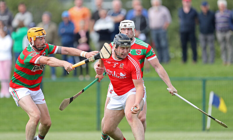 Tadhg O'Sullivan, Ballygarvan, battling Graeme Webb and Michael O'Sullivan, Tracton. Picture: Jim Coughlan