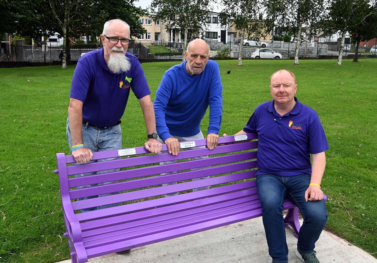 Joe D'alton (left) with Tom "Golly" Flynn (centre) and Cllr. Mick Nugent of Shine A Light Suicide & Mental Health Awareness at the new friendship bench initiative at Gerry O'Sullivan Park, Churchfield/Gurranabraher, Cork. Joe D'alton (left) with Tom "Golly" Flynn (centre) and Cllr. Mick Nugent of Shine A Light Suicide & Mental Health Awareness at the new friendship bench initiative at Gerry O'Sullivan Park, Churchfield/Gurranabraher, Cork.