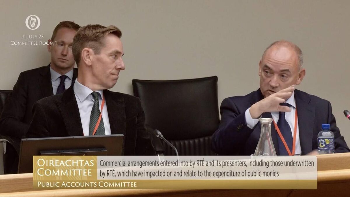 Screenshot taken from Oireachtas TV of RTE's star presenter Ryan Tubridy and his agent Noel Kelly giving evidence to the Public Accounts Committee at the Dail, Dublin, on commercial arrangements entered into by RTE and its presenters. Photo: Oireachtas Tv