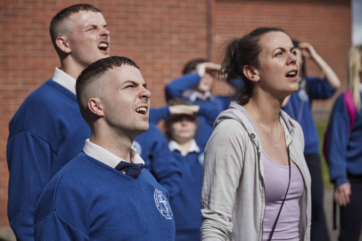  Jock O'Keeffe (CHRIS WALLEY), Connor MacSweeney (ALEX MURPHY), Mairead MacSweeney (HILARY ROSE). Picture:Miki Bartok