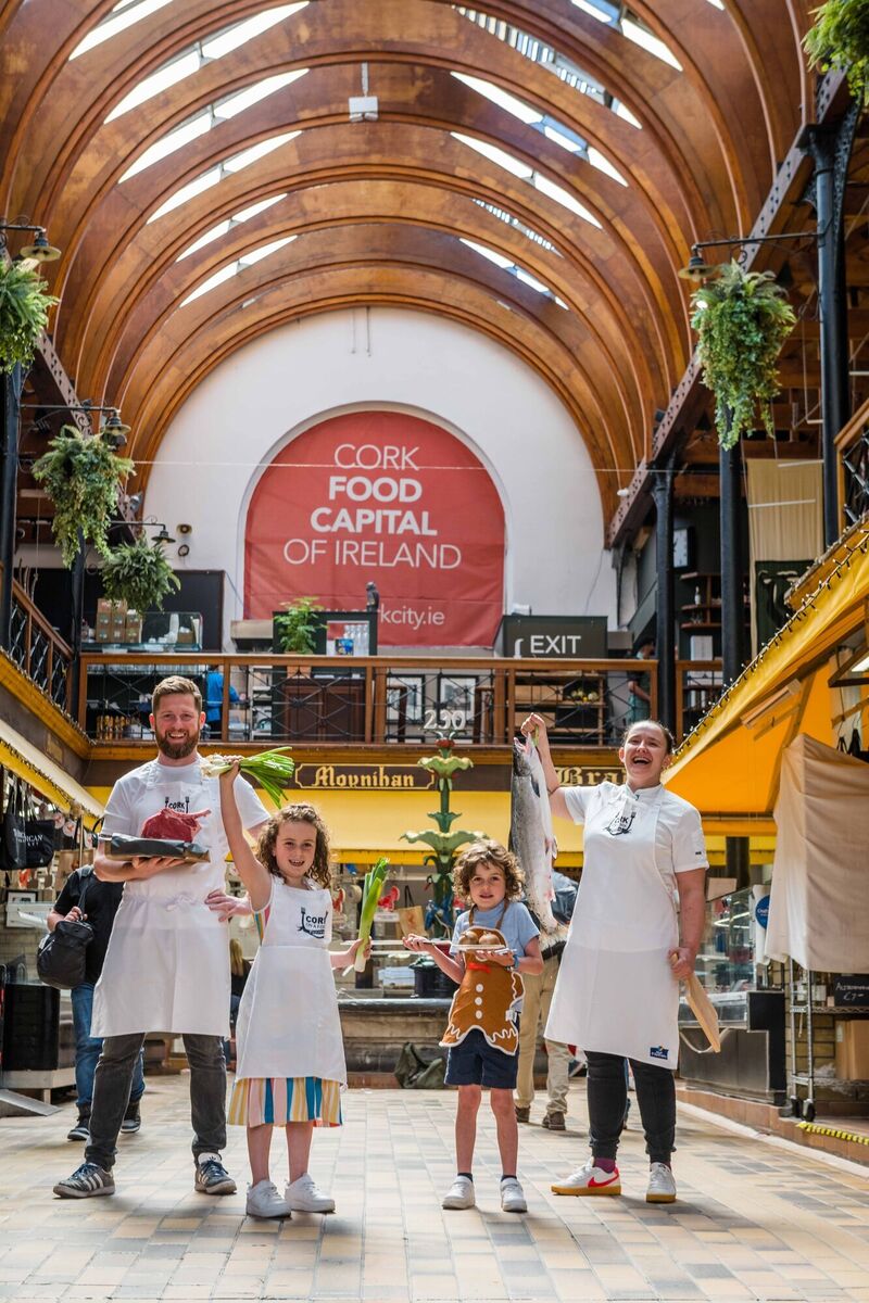 Brian Murray, chef and owner of The Glass Curtain and Aishling Moore, chef and partner at Goldie restaurant join Caoimhe (7) and Naoise (5) O’Leary-Kinnerk (from Castlemore) to launch the programme of events for the upcoming Cork on a Fork Festival. Picture: Joleen Cronin