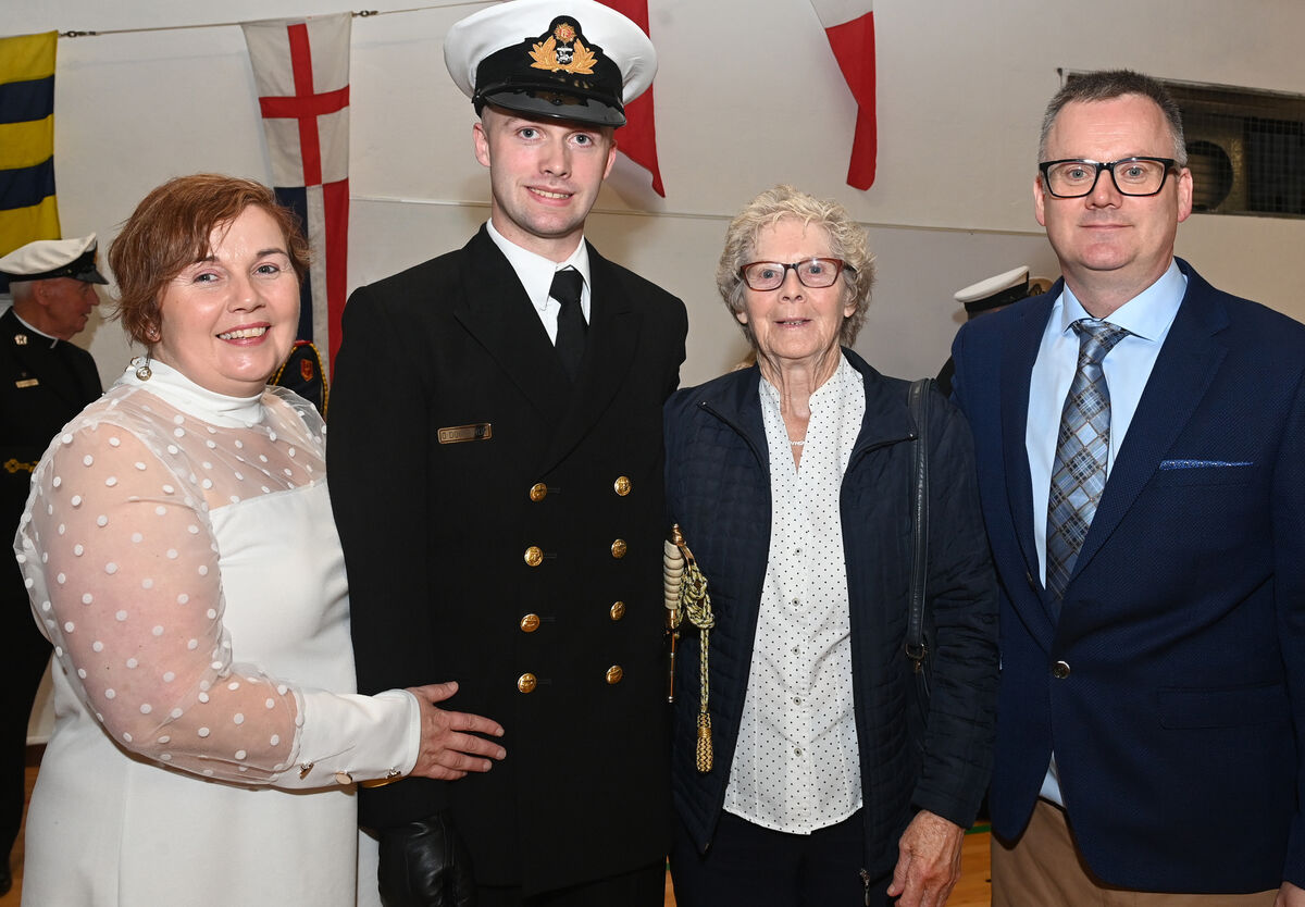 The newly commissioned officer John O'Donoghue, (Co Clare and formerly Bantry, West Cork ) with parents Breda and Con, and grandmother Christine O'Donoghue from, after the Commissioning Ceremony 61 Cadet Class at Naval Base, Haulbowline Co Cork on Friday 14th July 2023. Pic Larry Cummins. The newly commissioned officer John O'Donoghue, (Co Clare and formerly Bantry, West Cork ) with parents Breda and Con, and grandmother Christine O'Donoghue from, after the Commissioning Ceremony 61 Cadet Class at Naval Base, Haulbowline Co Cork on Friday 14th July 2023. Pic Larry Cummins.
