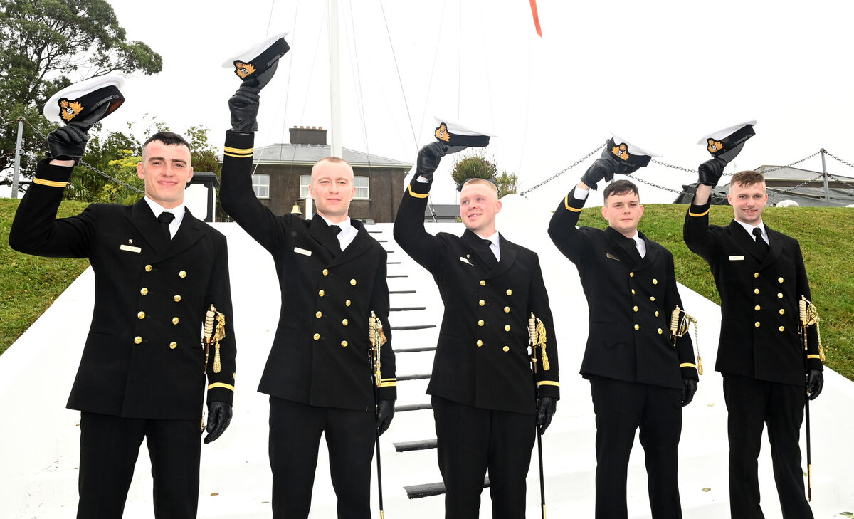 The newly commissioned officers Pierce Hannick, Conall Kiernan, Oran O'hIrile, John O'Donoghue and Fiachra Scully (Best Cadet), at the Commissioning Ceremony 61 Cadet Class at Naval Base, Haulbowline Co Cork on Friday 14th July 2023. Pic Larry Cummins. The newly commissioned officers Pierce Hannick, Conall Kiernan, Oran O'hIrile, John O'Donoghue and Fiachra Scully (Best Cadet), at the Commissioning Ceremony 61 Cadet Class at Naval Base, Haulbowline Co Cork on Friday 14th July 2023. Pic Larry Cummins.