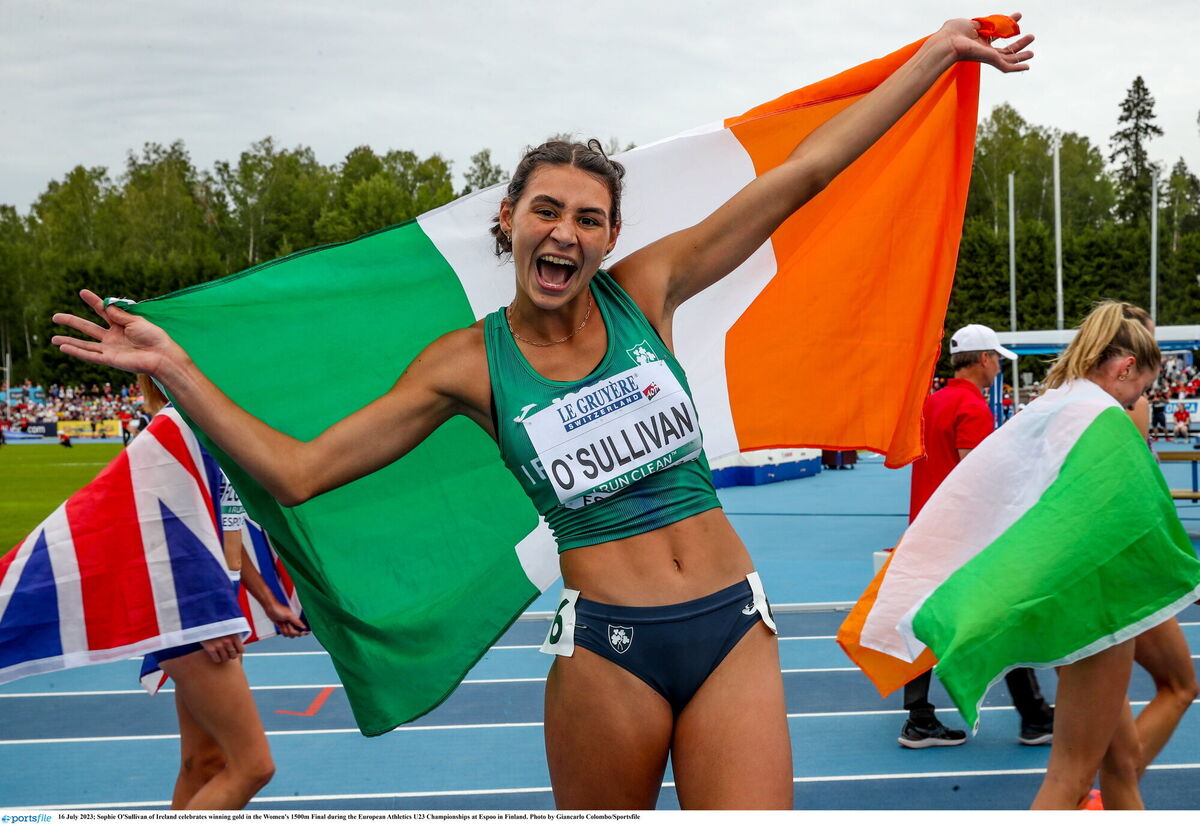 Sophie O'Sullivan of Ireland celebrates winning gold in the Women's 1500m Final during the European Athletics U23 Championships at Espoo in Finland. Photo by Giancarlo Colombo/Sportsfile Sophie O'Sullivan of Ireland celebrates winning gold in the Women's 1500m Final during the European Athletics U23 Championships at Espoo in Finland. Photo by Giancarlo Colombo/Sportsfile