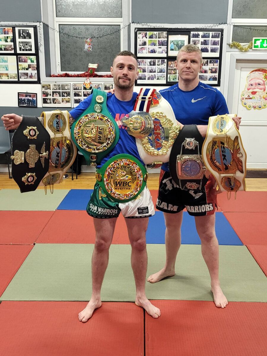 Martin Horgan of Siam Warrior’s Muay-Thai Club with champion Ryan Sheehan before training at their gym at the Rock Steps. Martin Horgan of Siam Warrior’s Muay-Thai Club with champion Ryan Sheehan before training at their gym at the Rock Steps.