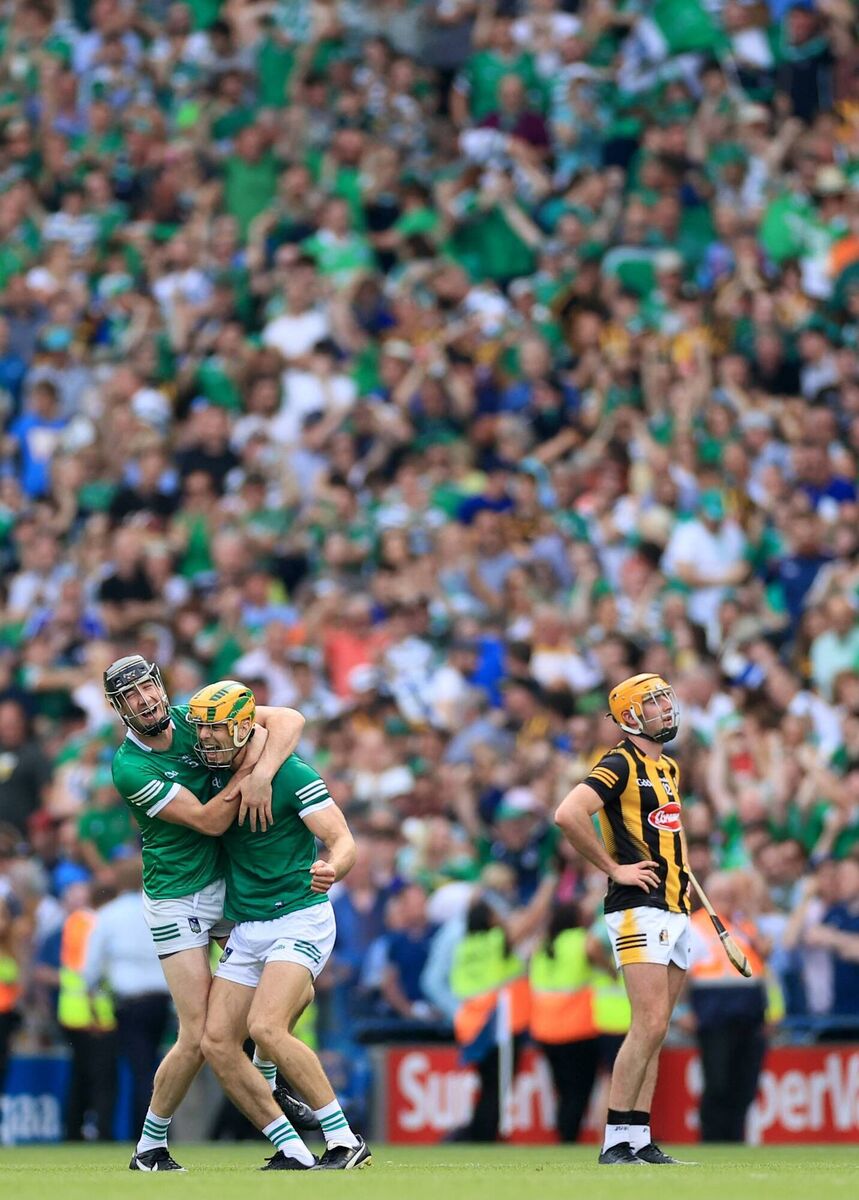 Limerick's Diarmaid Byrnes and Dan Morrissey celebrate at the final whistle of last year's All-Ireland final as Kilkenny’s Billy Ryan looks on dejected. Picture: Inpho/James Crombie