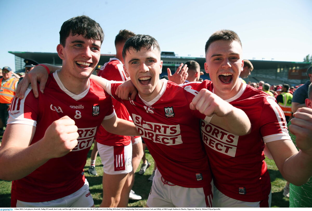 Cork players, from left, Tadhg O'Connell, Jack Leahy and Darragh O'Sullivan celebrate after the O’Neills.com GAA Hurling All-Ireland U20 Championship Final match between Cork and Offaly at FBD Semple Stadium in Thurles, Tipperary. Photo by Michael P Ryan/Sportsfile