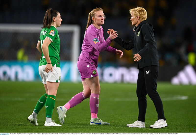 Republic of Ireland manager Vera Pauw with Lucy Quinn of Republic of Ireland, left, and Republic of Ireland goalkeeper Courtney Brosnan, centre, after the FIFA Women's World Cup 2023 Group B match between Australia and Republic of Ireland at Stadium Australia in Sydney, Australia. Photo by Stephen McCarthy/Sportsfile