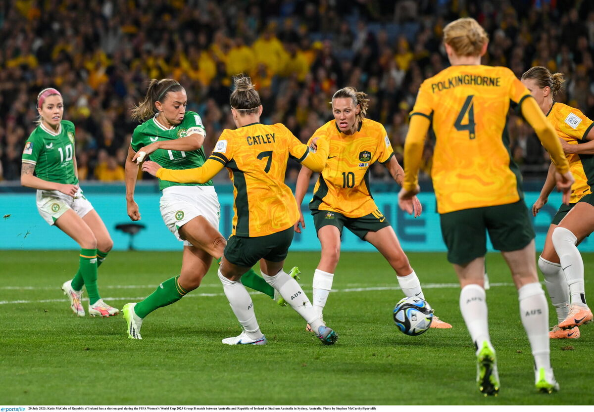 Katie McCabe of Republic of Ireland has a shot on goal during the FIFA Women's World Cup 2023 Group B match against  Australia a at Stadium Australia in Sydney. Picture: Stephen McCarthy/Sportsfile