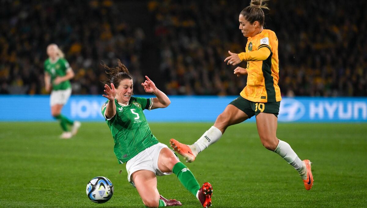Katrina Gorry of Australia is tackled by Niamh Fahey of Republic of Ireland during the FIFA Women's World Cup 2023 Group B match at Stadium Australia in Sydney, Australia. Picture: Stephen McCarthy/Sportsfile