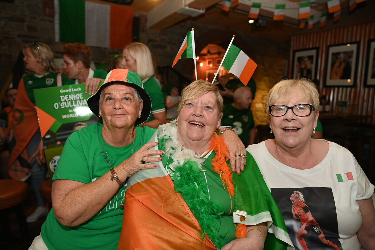 Nuala O'Sullivan (centre), mother of player Denise O'Sullivan watching the game with neighbour Joan Delaney and Nuala's sister Carmel O'Sullivan at the Woolshed Bar & Grill Cork. Family and friends of Denise O'Sullivan gathered to watch the FIFA Women's Worlc Cup game Ireland vs Australia at The Woolshed Bar & Grill on Thursday morning. Pic: Larry Cummins Nuala O'Sullivan (centre), mother of player Denise O'Sullivan watching the game with neighbour Joan Delaney and Nuala's sister Carmel O'Sullivan at the Woolshed Bar & Grill Cork. Family and friends of Denise O'Sullivan gathered to watch the FIFA Women's Worlc Cup game Ireland vs Australia at The Woolshed Bar & Grill on Thursday morning. Pic: Larry Cummins