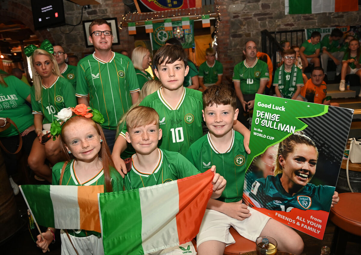 Maisie and Tyler O'Sullivan, Josh O'Sullivan, and Darragh Barrett watching the game at the Woolshed Bar & Grill Cork. Family and friends of Denise O'Sullivan gathered to watch the FIFA Women's Worlc Cup game Ireland vs Australia at The Woolshed Bar & Grill on Thursday morning. Pic: Larry Cummins Maisie and Tyler O'Sullivan, Josh O'Sullivan, and Darragh Barrett watching the game at the Woolshed Bar & Grill Cork. Family and friends of Denise O'Sullivan gathered to watch the FIFA Women's Worlc Cup game Ireland vs Australia at The Woolshed Bar & Grill on Thursday morning. Pic: Larry Cummins