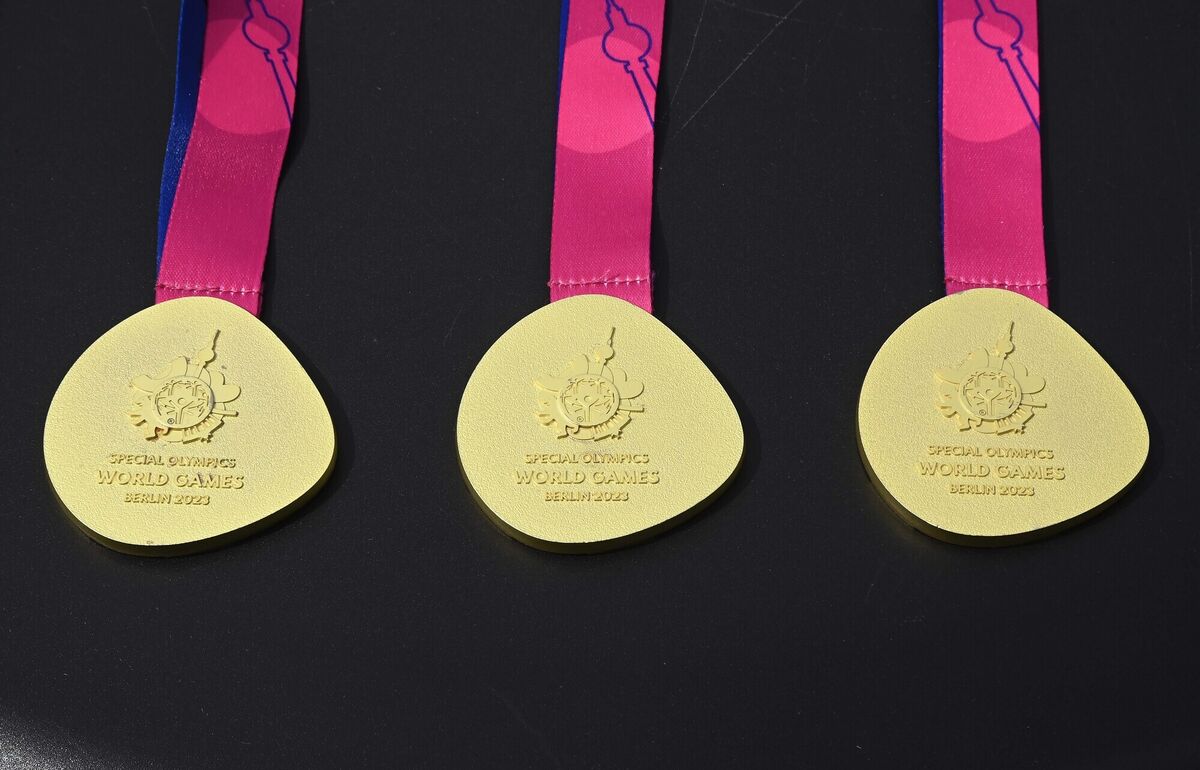 The gold medals belonging to three members of the Irish football team, gold medalists at the Special Olympics World Games, pictured at Cope Foundation's Beech Hill Garden Centre, Cork. The gold medals belonging to three members of the Irish football team, gold medalists at the Special Olympics World Games, pictured at Cope Foundation's Beech Hill Garden Centre, Cork.