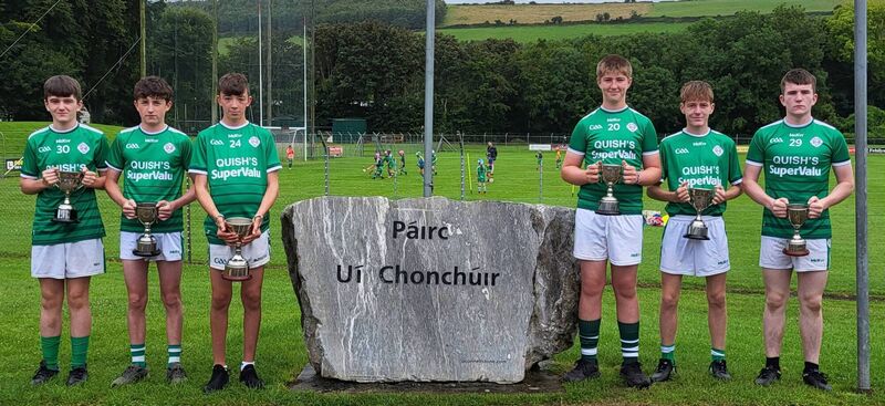 Players from the victorious Ballincollig U14 hurling and football teams. (L TO R) Joseph Downey, Ronan Doyle, James Harrington, Ben Farrell, Darragh O'Regan and Michael Downey.