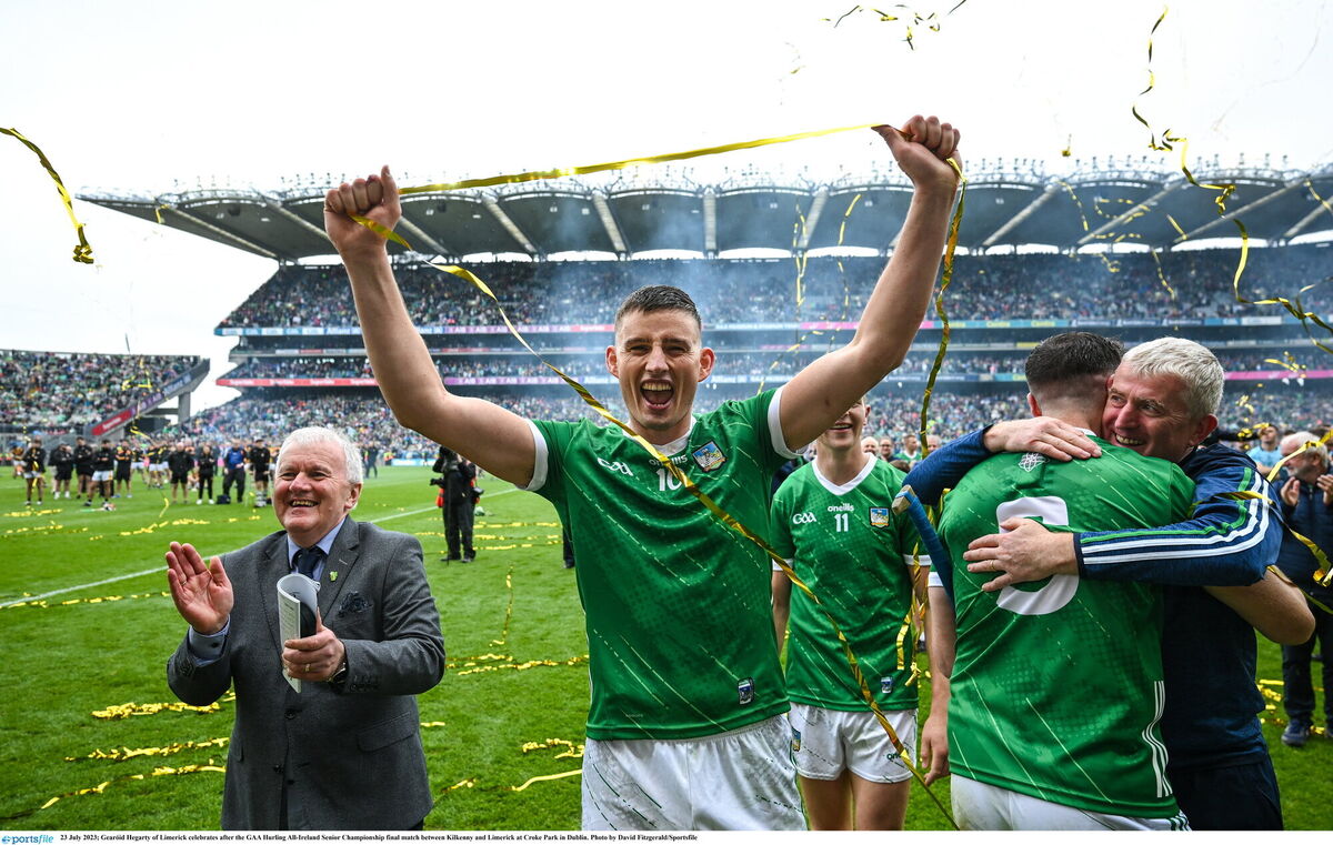 Gearóid Hegarty of Limerick celebrates after the GAA Hurling All-Ireland Senior Championship final match between Kilkenny and Limerick at Croke Park in Dublin. Photo by David Fitzgerald/Sportsfile