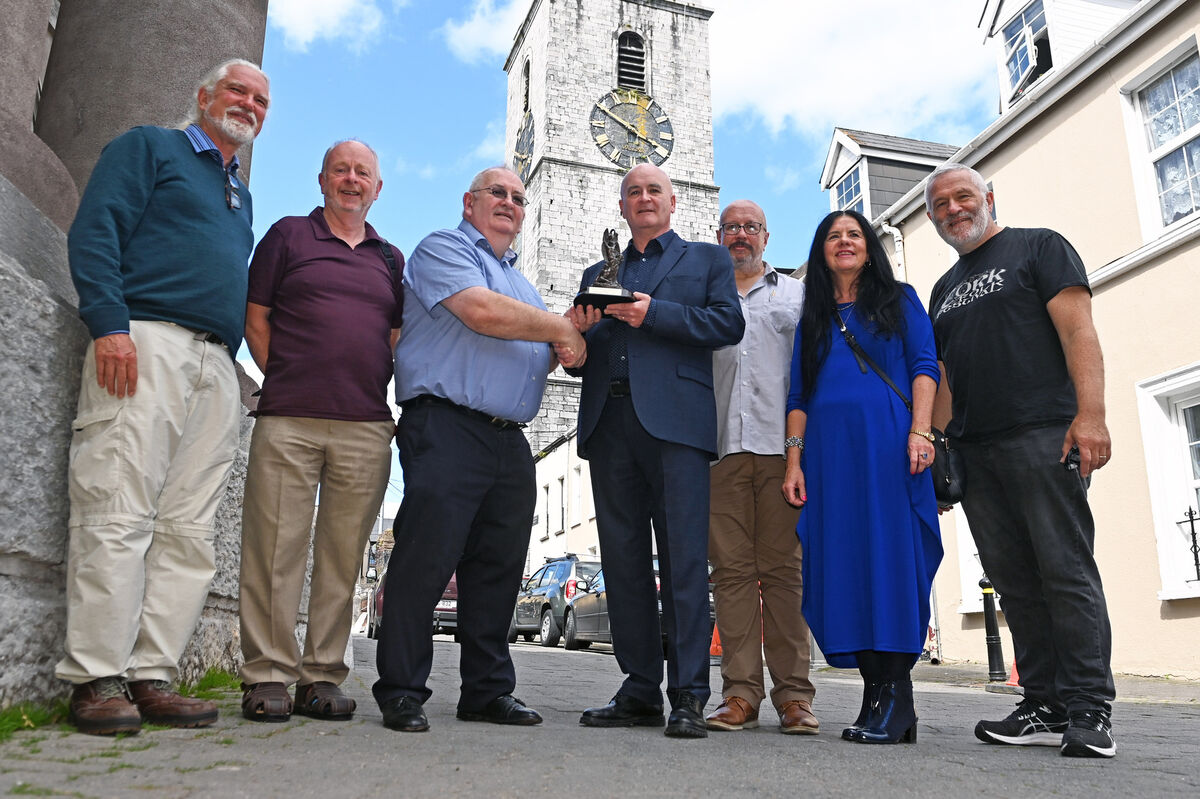 James Nolan, festival committee, making a presentation to Mick Lynch, general secretary RMT at the opening of the Spirit of Mother Jones Festival with members John Barimo, Ger O'Mahony, Dominic O'Callaghan, Ann Piggott and William Hammond at the Dance Cork Firkin Crane in Cork. Picture: Eddie O'Hare