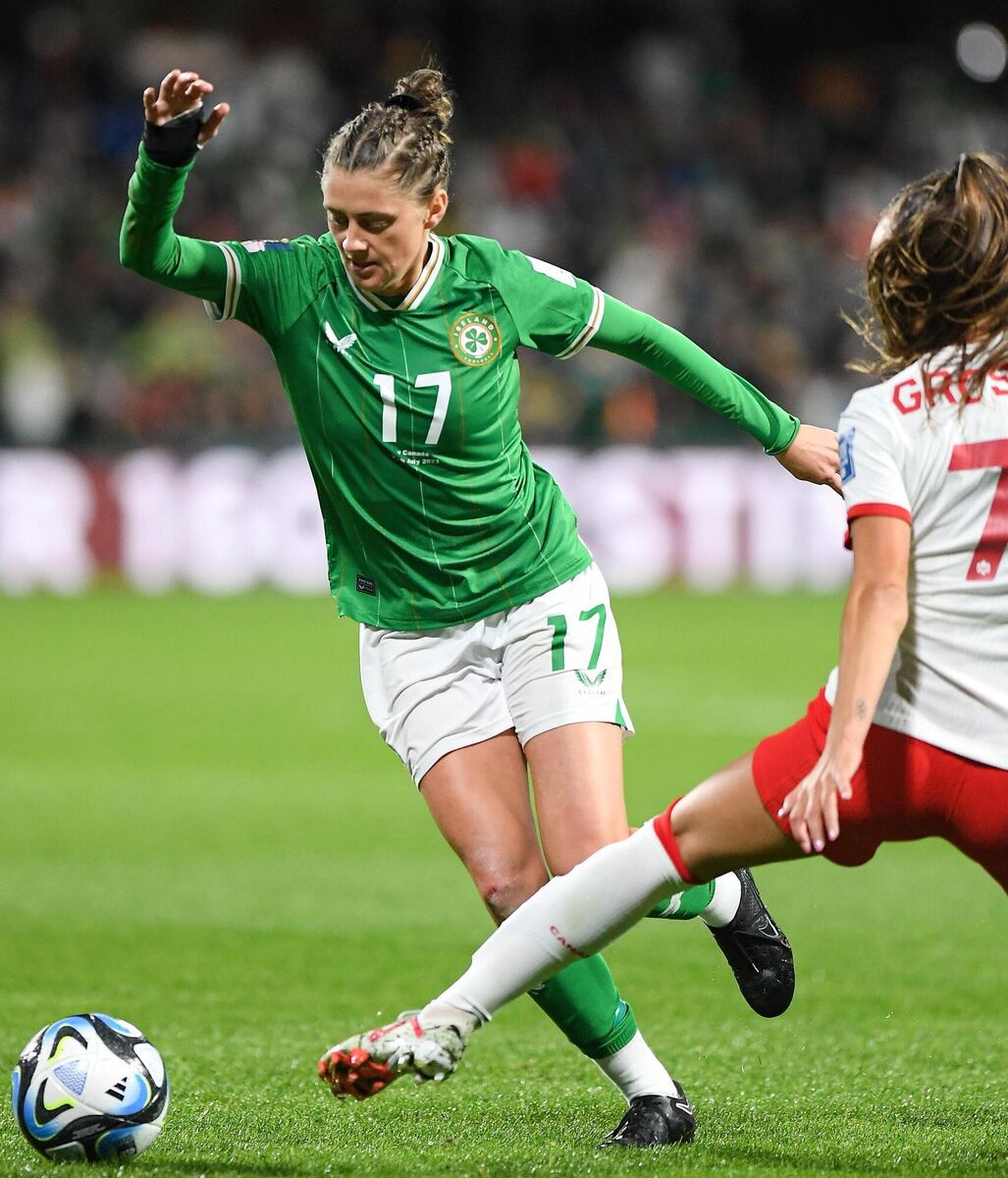 Ireland's Sinead Farrelly gets past Julia Grosso of Canada during their FIFA Women's World Cup 2023 Group B match at Perth Rectangular Stadium in Australia. Picture: Mick O'Shea/Sportsfile Ireland's Sinead Farrelly gets past Julia Grosso of Canada during their FIFA Women's World Cup 2023 Group B match at Perth Rectangular Stadium in Australia. Picture: Mick O'Shea/Sportsfile