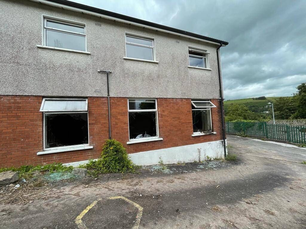 The damage caused to the former Gaelscoil building in Coolroe in Ballincollig in last night’s suspected arson attack.