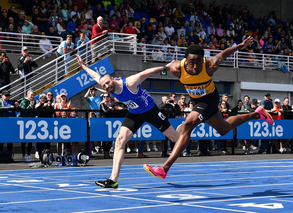 James Ezeonu of Leevale AC, Cork, right, dips for the line to win the men's 110m hurdles ahead of Gerard O'Donnell of Carrick-on-Shannon AC, Leitrim, during day one of the 123.ie National Senior Outdoor Championships at Morton Stadium in Dublin. Photo by Sam Barnes/Sportsfile James Ezeonu of Leevale AC, Cork, right, dips for the line to win the men's 110m hurdles ahead of Gerard O'Donnell of Carrick-on-Shannon AC, Leitrim, during day one of the 123.ie National Senior Outdoor Championships at Morton Stadium in Dublin. Photo by Sam Barnes/Sportsfile