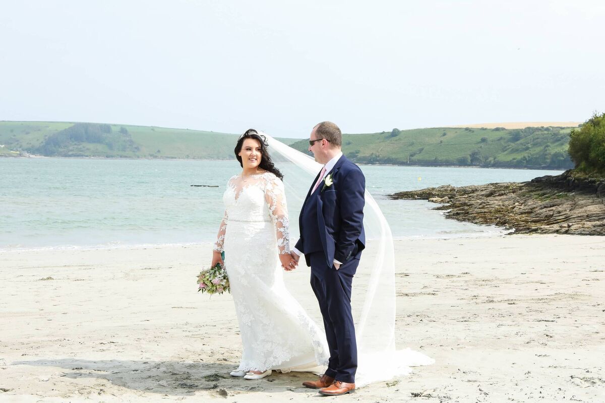 On Dock beach in Kinsale, before their wedding reception at Actons Hotel.