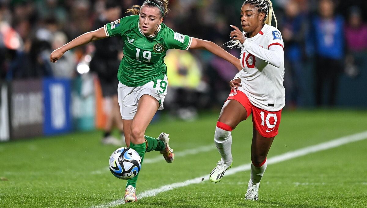 Ireland's Abbie Larkin in action against Ashley Lawrence of Canada at Perth Rectangular Stadium Picture: Stephen McCarthy/Sportsfile Ireland's Abbie Larkin in action against Ashley Lawrence of Canada at Perth Rectangular Stadium Picture: Stephen McCarthy/Sportsfile