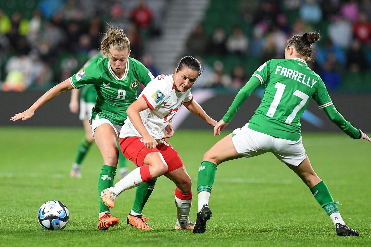 Jessie Fleming of Canada is closed down by Ruesha Littlejohn, left, and Sinead Farrelly of Republic of Ireland during their FIFA Women's World Cup 2023 Group B match at Perth Rectangular Stadium in Perth, Australia. Picture: Mick O'Shea/Sportsfile Jessie Fleming of Canada is closed down by Ruesha Littlejohn, left, and Sinead Farrelly of Republic of Ireland during their FIFA Women's World Cup 2023 Group B match at Perth Rectangular Stadium in Perth, Australia. Picture: Mick O'Shea/Sportsfile